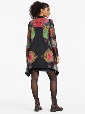 Desigual Devorah Floral Open Front Longline Cardigan Sweater Grey Pink Small